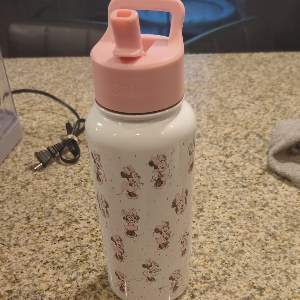 Simple Modern Pink and White Water Bottle with Cartoon Design